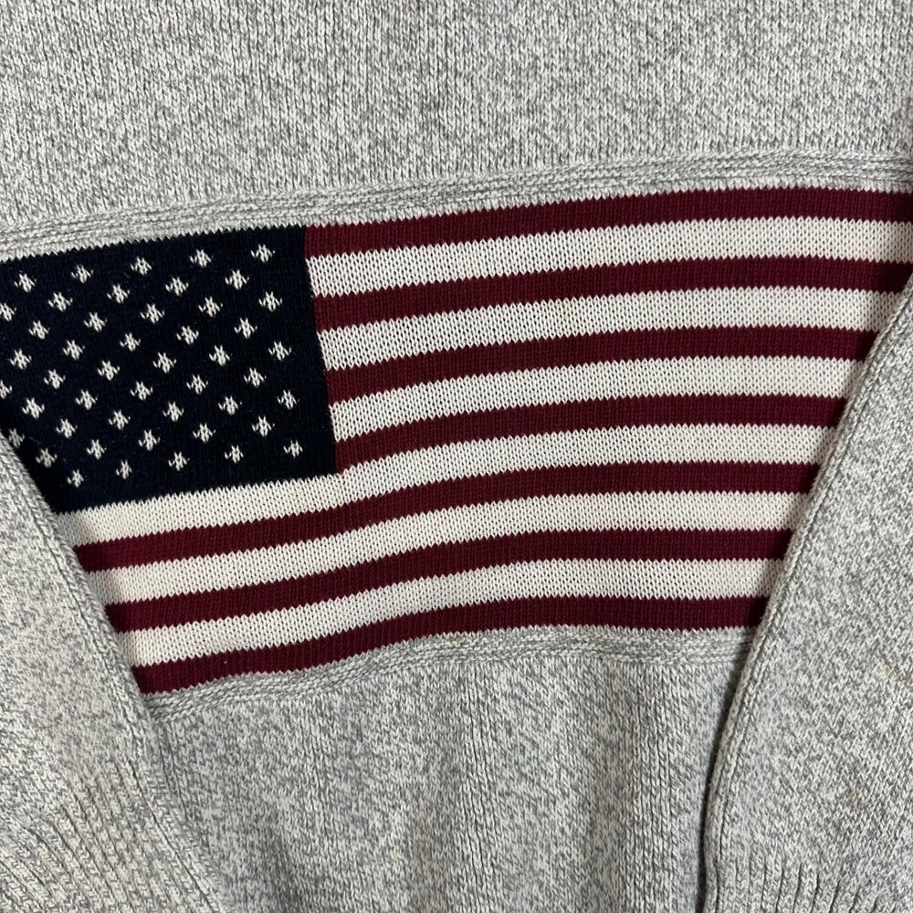VINTAGE Cotton Club American Flag Sweater L 90s Grandpa Knit Coastal Grey‎ - Picture 3 of 11